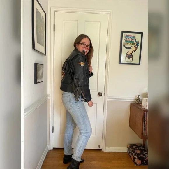 80s Vintage Fringe Motorcycle Jacket w Harley Patches - Picture 2 of 9